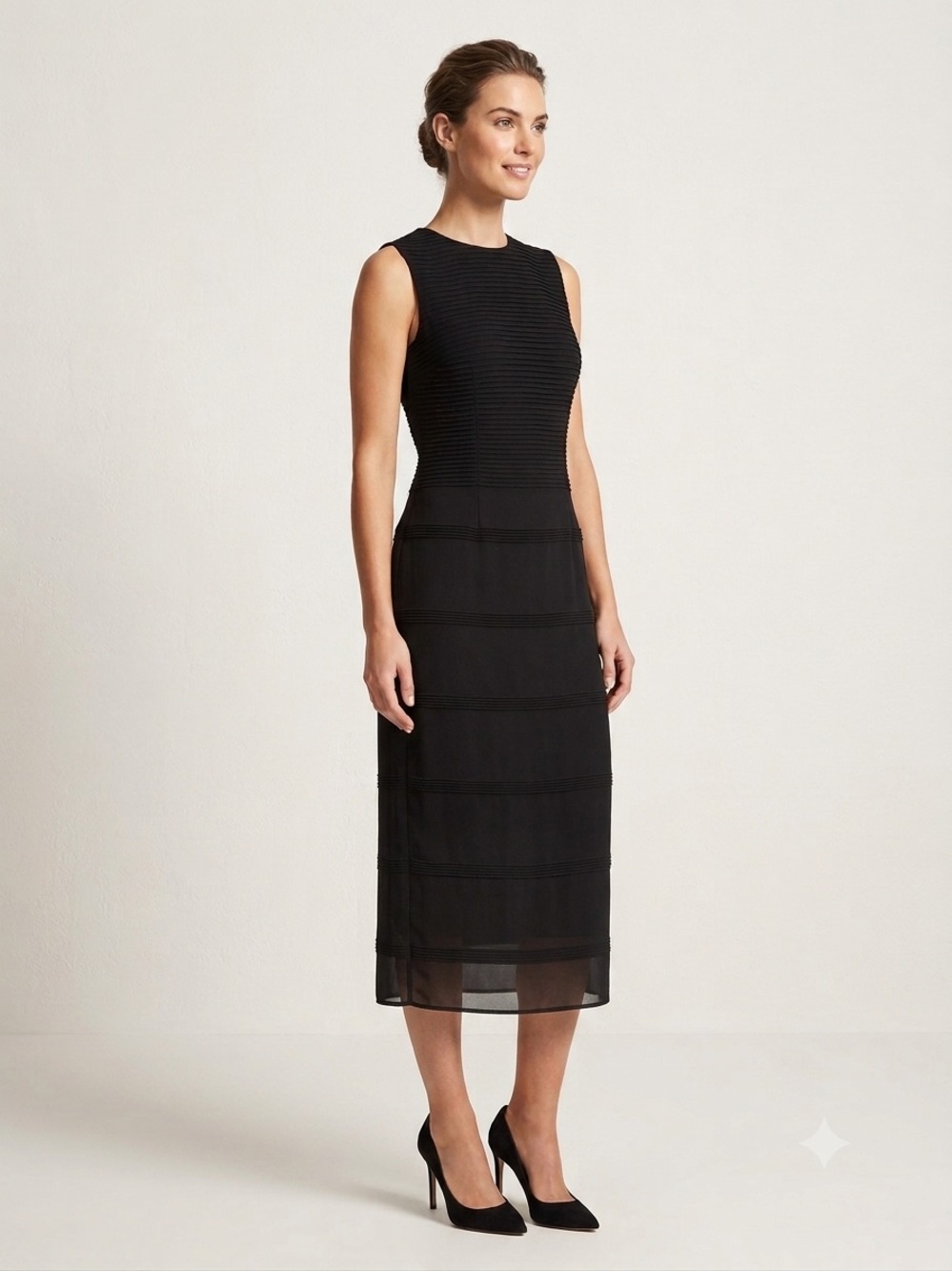 Cynthia Howie 100% Silk Pin-tucked Bodice Lined Midi Dress Black Size 8 NWT